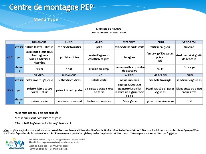 Centre de montagne PEP Menu Type Exemple de MENUS Centre de SUC ET SENTENAC