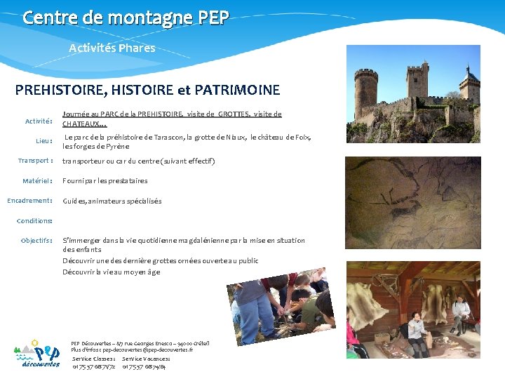 Centre de montagne PEP Activités Phares PREHISTOIRE, HISTOIRE et PATRIMOINE Activité : Lieu :