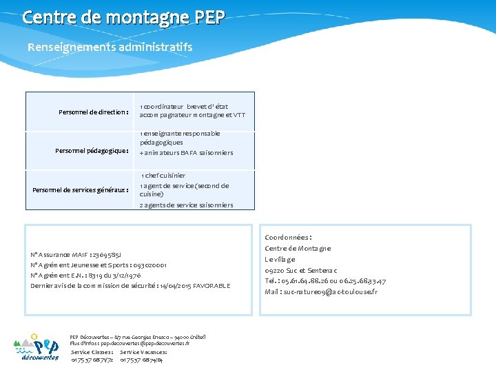 Centre de montagne PEP Renseignements administratifs Personnel de direction : Personnel pédagogique : Personnel