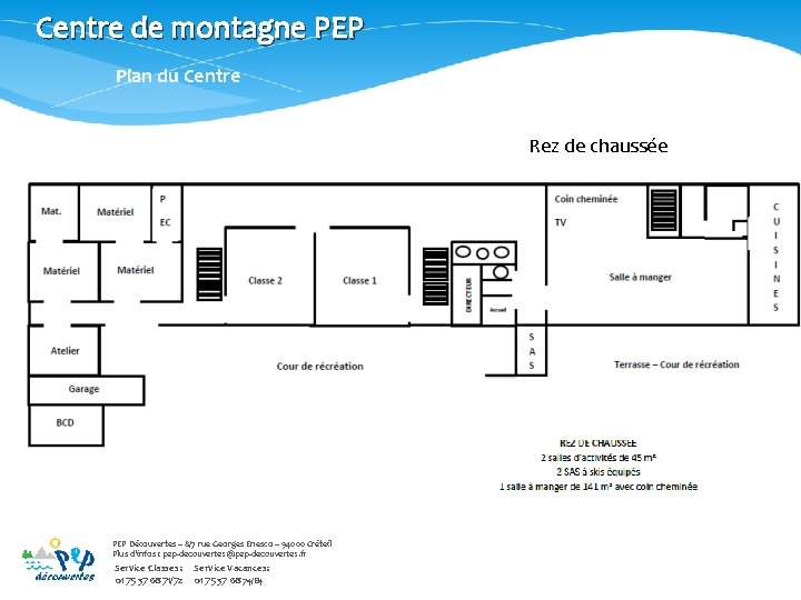 Centre de montagne PEP Plan du Centre Rez de chaussée PEP Découvertes – 8/7