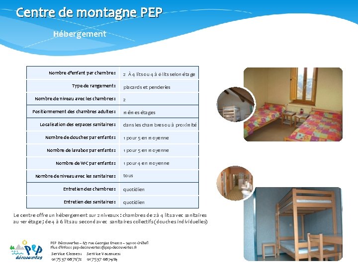 Centre de montagne PEP Hébergement Nombre d’enfant par chambre : Type de rangement :