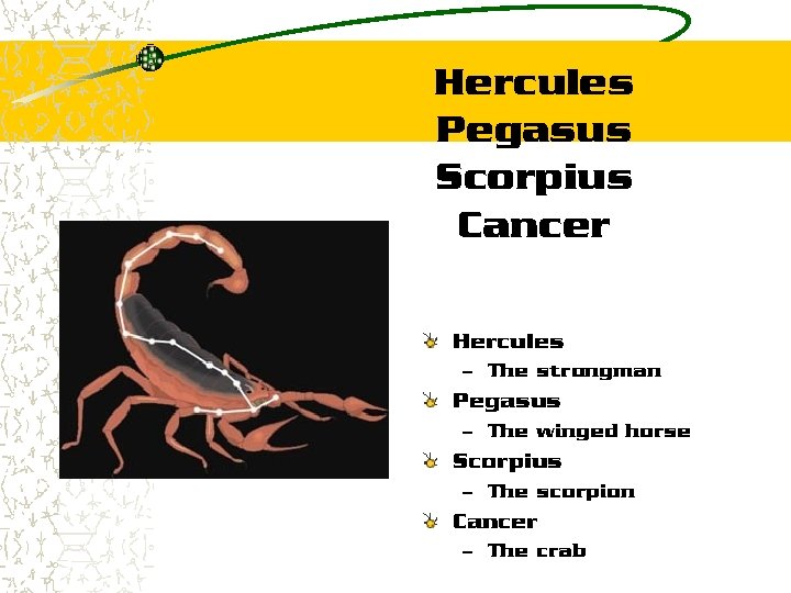 Hercules Pegasus Scorpius Cancer Hercules – The strongman Pegasus – The winged horse Scorpius