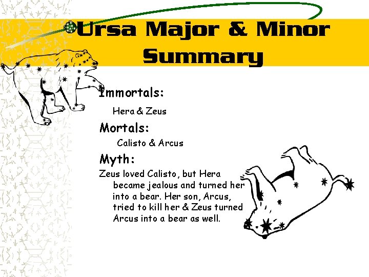 Ursa Major & Minor Summary Immortals: Hera & Zeus Mortals: Calisto & Arcus Myth: