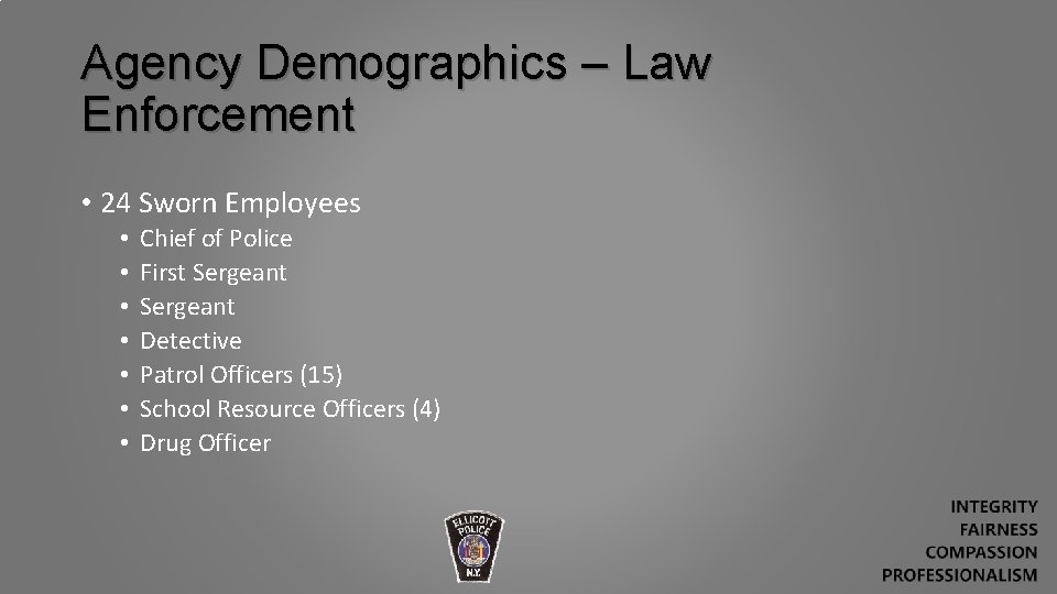 Agency Demographics – Law Enforcement • 24 Sworn Employees • • Chief of Police