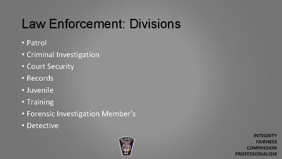 Law Enforcement: Divisions • Patrol • Criminal Investigation • Court Security • Records •