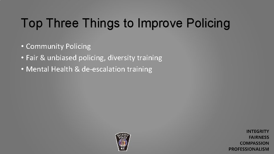 Top Three Things to Improve Policing • Community Policing • Fair & unbiased policing,