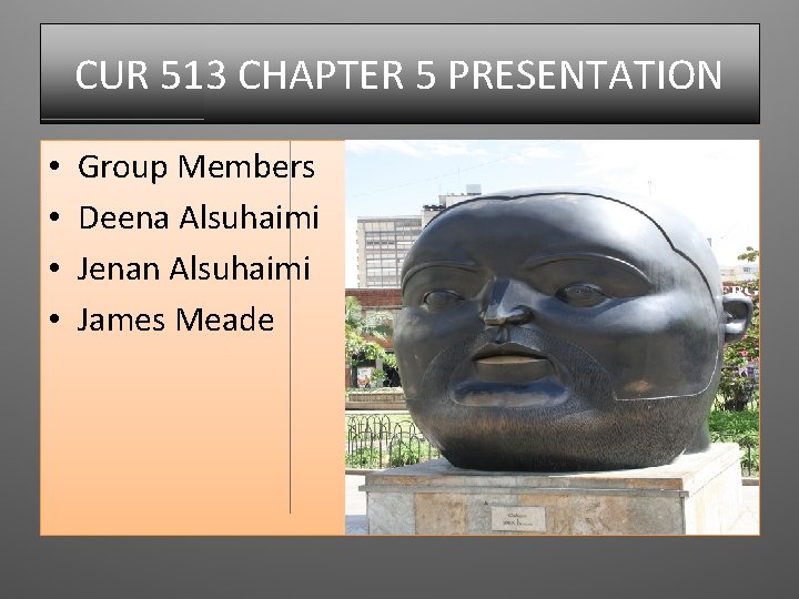 CUR 513 CHAPTER 5 PRESENTATION • • Group Members Deena Alsuhaimi Jenan Alsuhaimi James