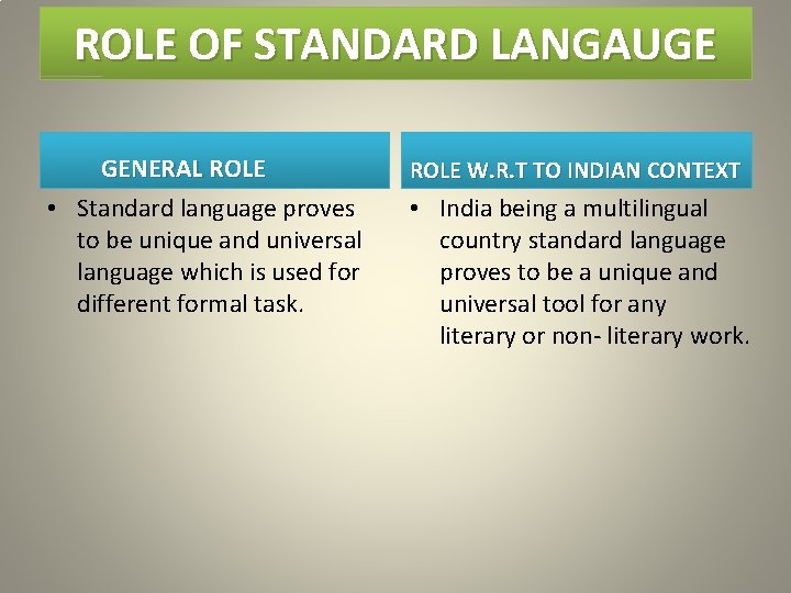 ROLE OF STANDARD LANGAUGE GENERAL ROLE • Standard language proves to be unique and