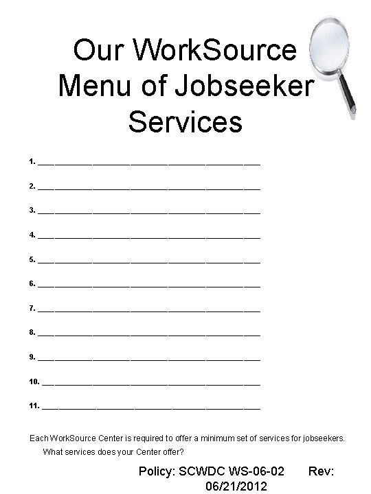 Desk Job Aid DESK AID Menu of Job Seeker Services for