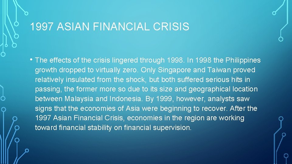 1997 ASIAN FINANCIAL CRISIS • The effects of the crisis lingered through 1998. In