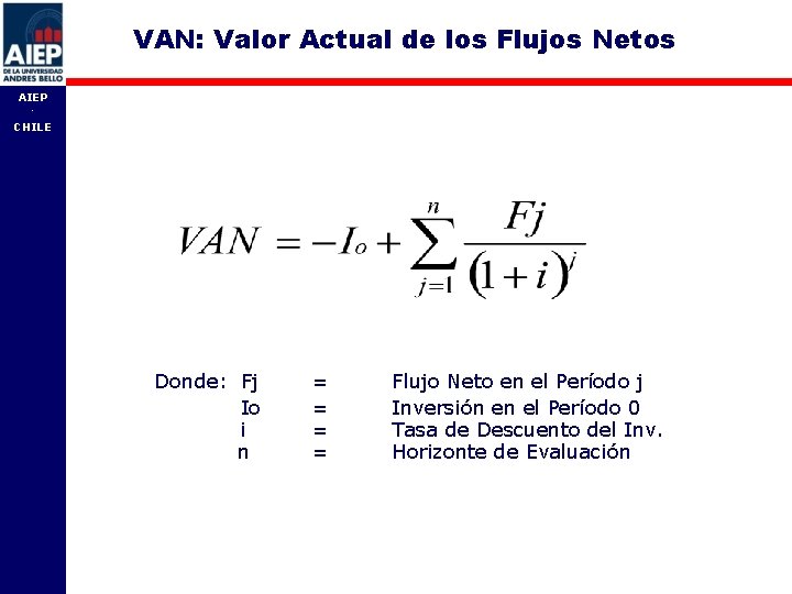 VAN: Valor Actual de los Flujos Netos AIEP - CHILE Donde: Fj Io i