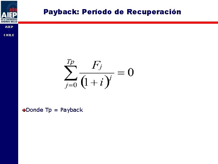 Payback: Período de Recuperación AIEP - CHILE Donde Tp = Payback AIEP 