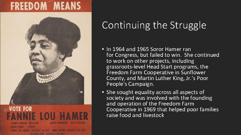 Continuing the Struggle • In 1964 and 1965 Soror Hamer ran for Congress, but