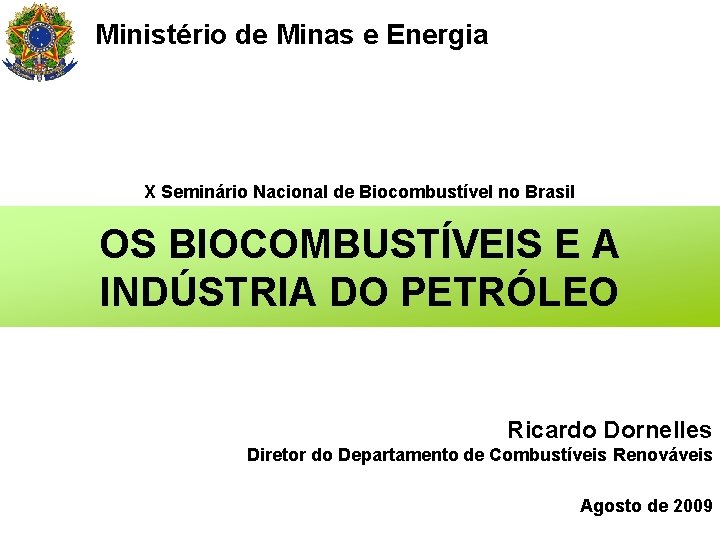 Ministério de Minas e Energia X Seminário Nacional de Biocombustível no Brasil OS BIOCOMBUSTÍVEIS