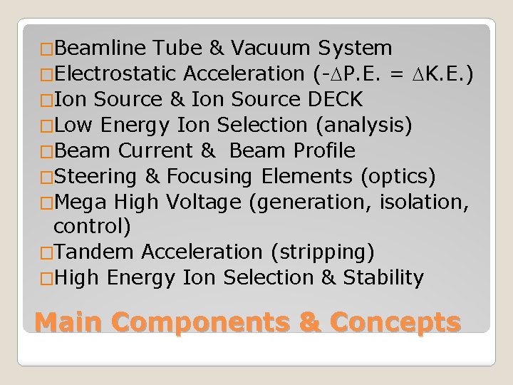 �Beamline Tube & Vacuum System �Electrostatic Acceleration (-DP. E. = DK. E. ) �Ion