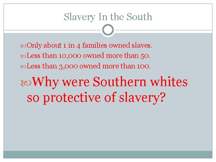 Slavery In the South Only about 1 in 4 families owned slaves. Less than Slavery In the South Only about 1 in 4 families owned slaves. Less than