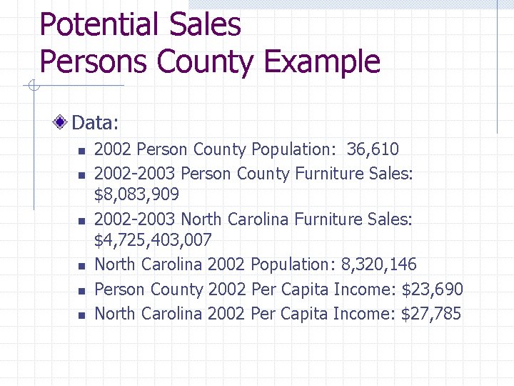 Potential Sales Persons County Example Data: n n n 2002 Person County Population: 36,
