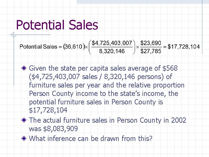 Potential Sales Given the state per capita sales average of $568 ($4, 725, 403,