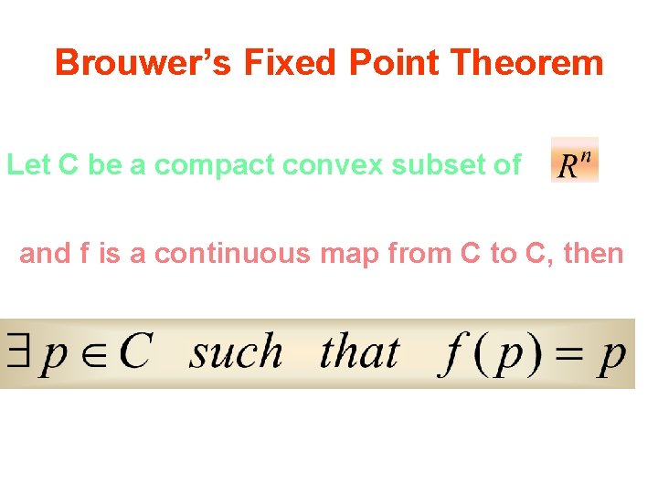 Brouwer’s Fixed Point Theorem Let C be a compact convex subset of and f