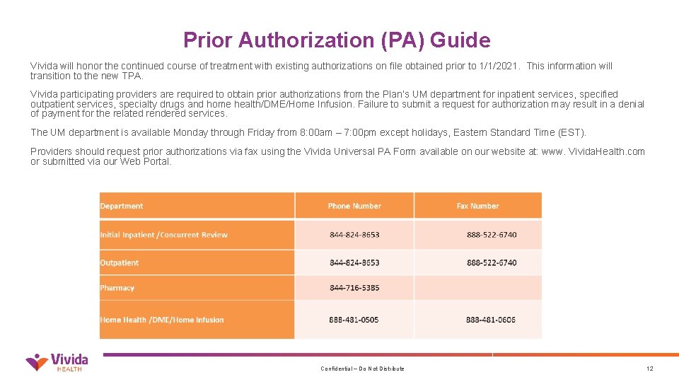 Prior Authorization (PA) Guide Vivida will honor the continued course of treatment with existing