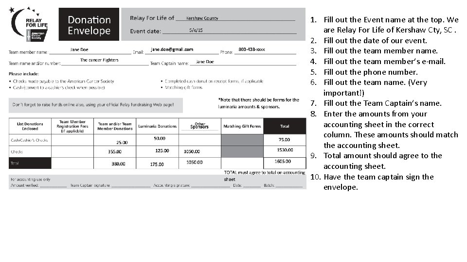 1. Fill out the Event name at the top. We are Relay For Life