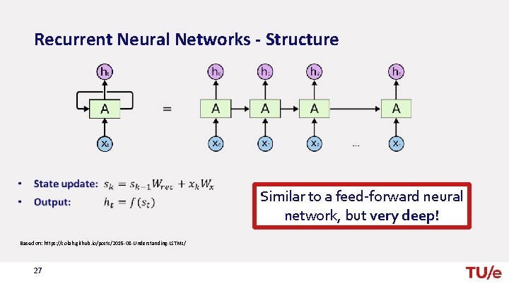 Recurrent Neural Networks - Structure Similar to a feed-forward neural network, but very deep!