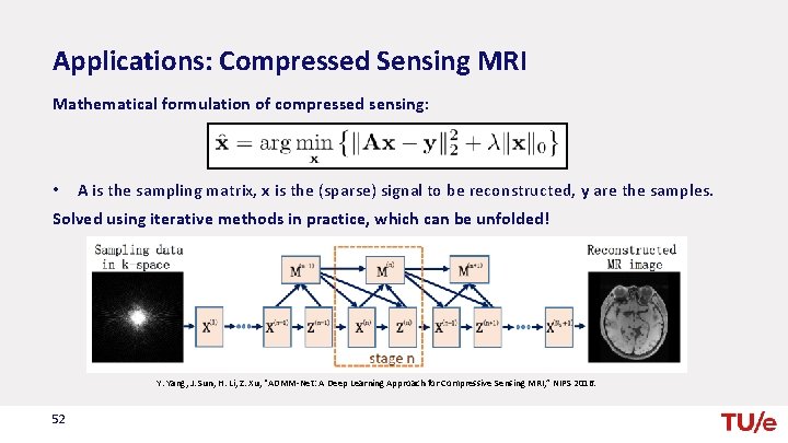 Applications: Compressed Sensing MRI Mathematical formulation of compressed sensing: • A is the sampling