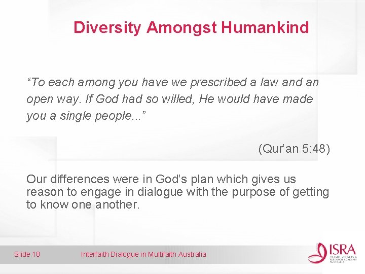 Diversity Amongst Humankind “To each among you have we prescribed a law and an