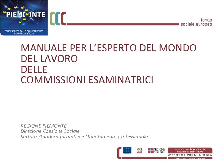 MANUALE PER L’ESPERTO DEL MONDO DEL LAVORO DELLE COMMISSIONI ESAMINATRICI REGIONE PIEMONTE Direzione Coesione