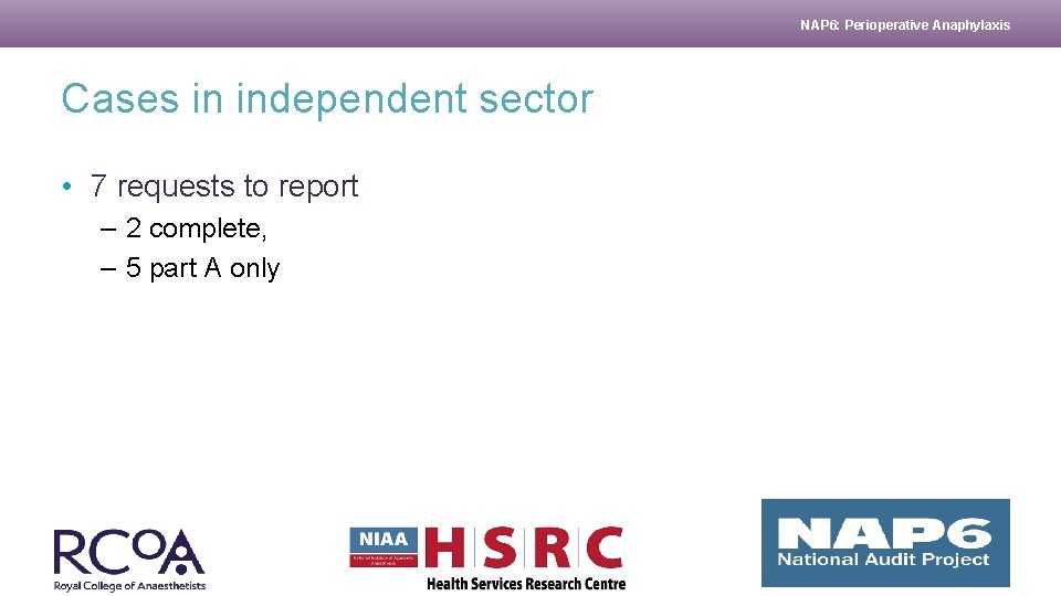 NAP 6: Perioperative Anaphylaxis Cases in independent sector • 7 requests to report –