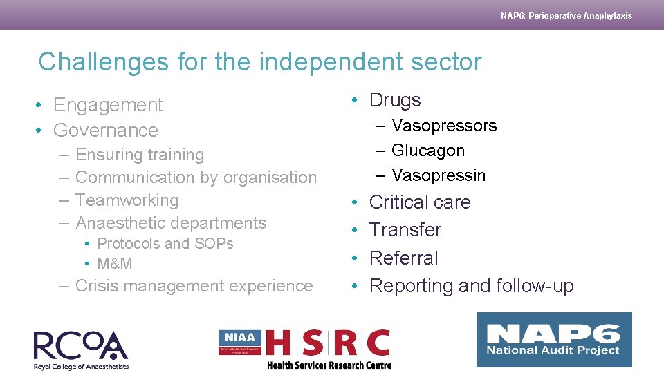 NAP 6: Perioperative Anaphylaxis Challenges for the independent sector • Engagement • Governance –