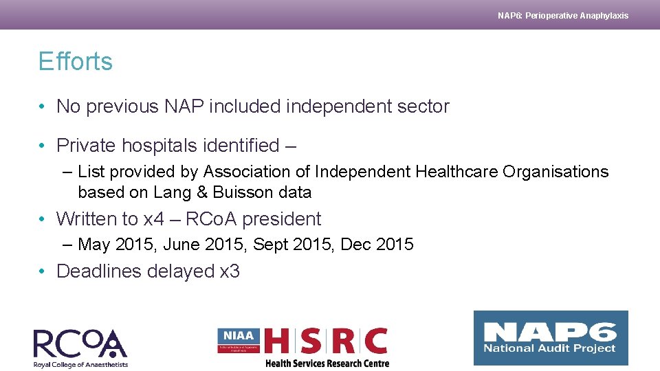 NAP 6: Perioperative Anaphylaxis Efforts • No previous NAP included independent sector • Private