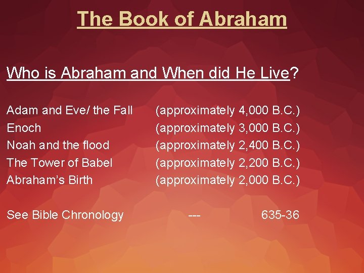The Book of Abraham Who is Abraham and When did He Live? Adam and