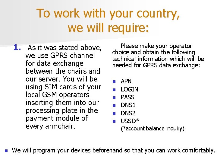 To work with your country, we will require: 1. As it was stated above,