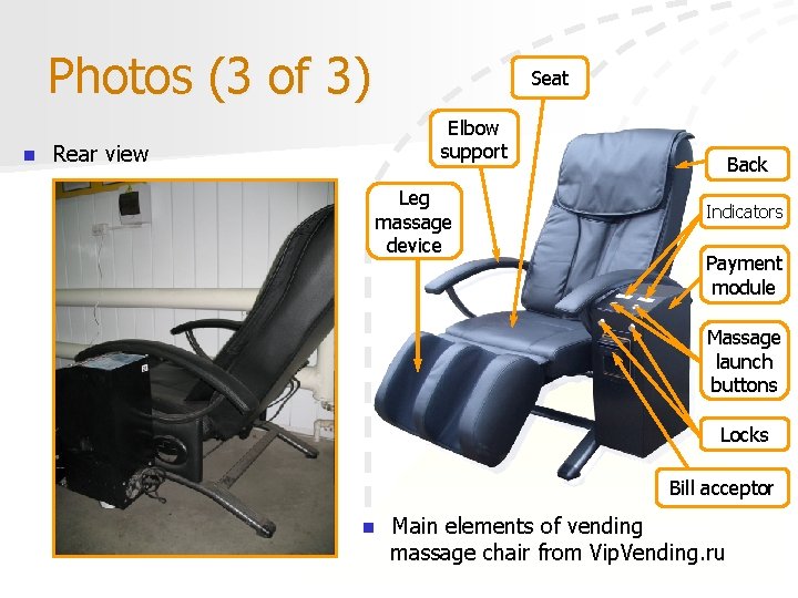 Photos (3 of 3) n Seat Elbow support Rear view Leg massage device Back