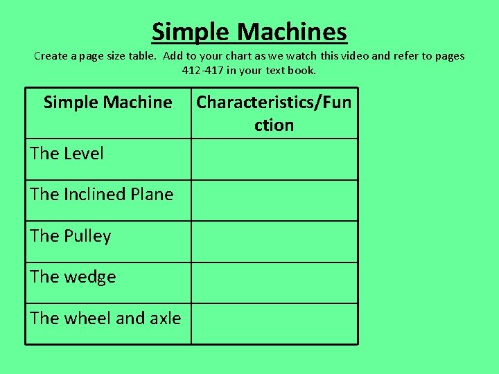 Simple Machines Create a page size table. Add to your chart as we watch