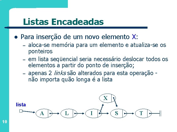 Listas Encadeadas l Para inserção de um novo elemento X: – – – aloca-se