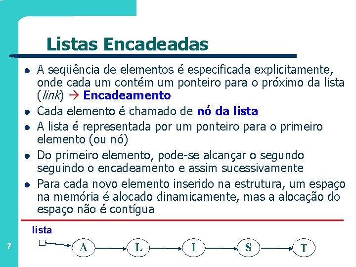 Listas Encadeadas l l l A seqüência de elementos é especificada explicitamente, onde cada