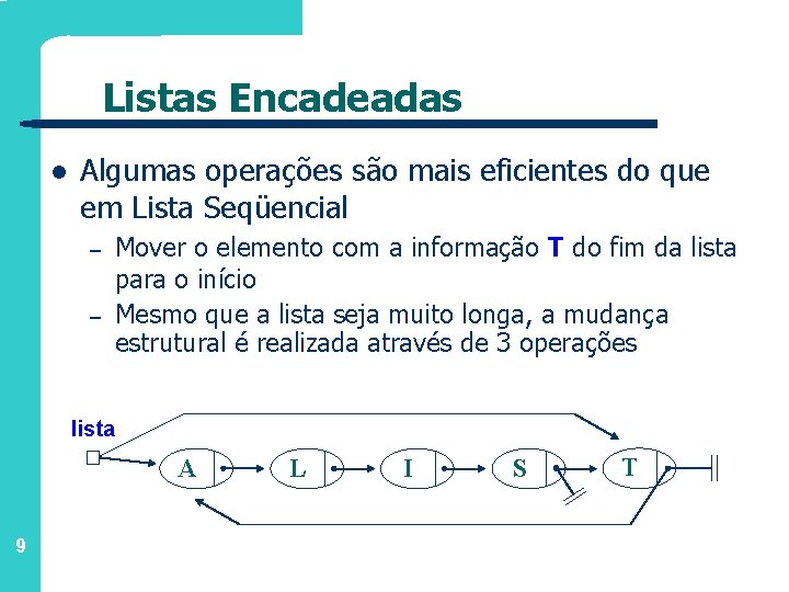 Listas Encadeadas l Algumas operações são mais eficientes do que em Lista Seqüencial –