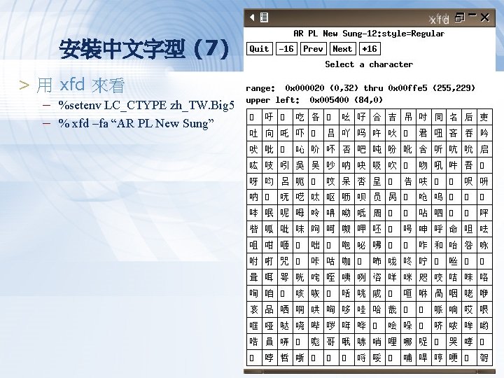 安裝中文字型 (7) > 用 xfd 來看 – %setenv LC_CTYPE zh_TW. Big 5 – %