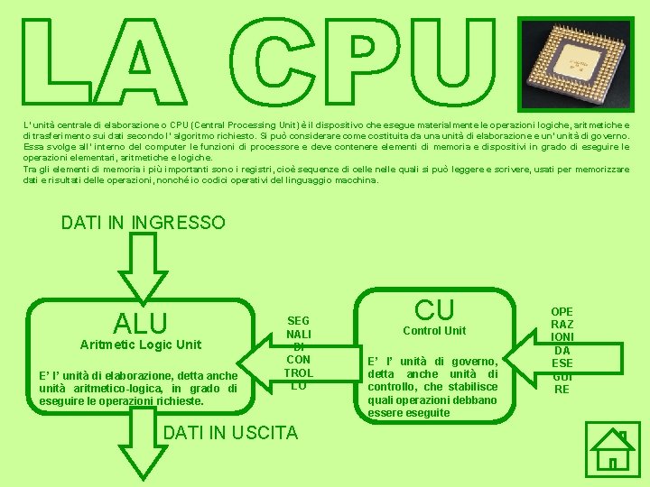L’ unità centrale di elaborazione o CPU (Central Processing Unit) è il dispositivo che L’ unità centrale di elaborazione o CPU (Central Processing Unit) è il dispositivo che