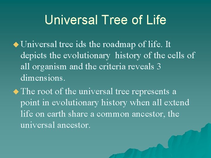 Universal Tree of Life u Universal tree ids the roadmap of life. It depicts