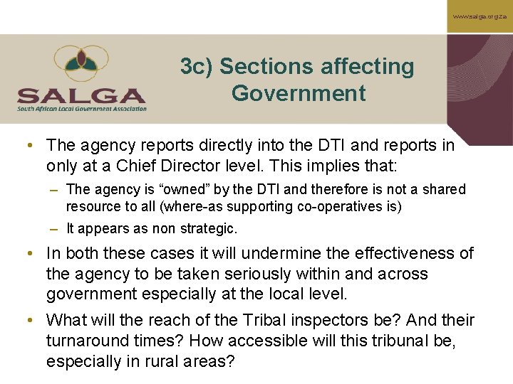 www. salga. org. za 3 c) Sections affecting Government • The agency reports directly