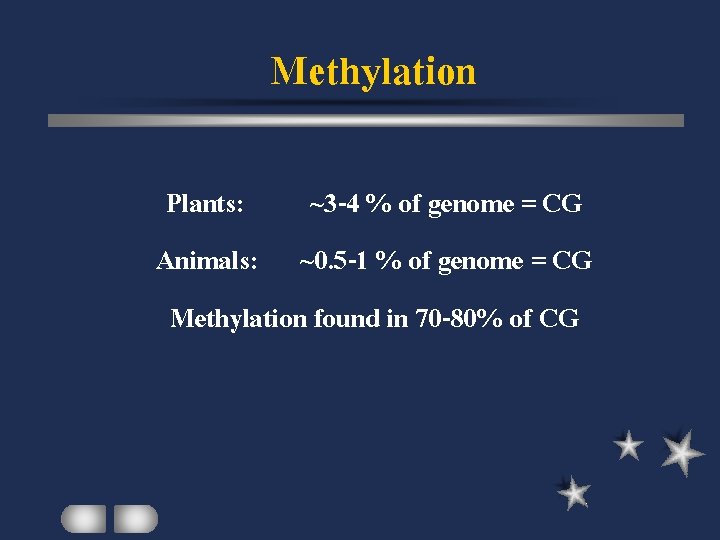 Methylation Plants: ~3 -4 % of genome = CG Animals: ~0. 5 -1 %
