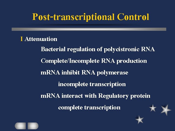 Post-transcriptional Control I Attenuation Bacterial regulation of polycistronic RNA Complete/Incomplete RNA production m. RNA