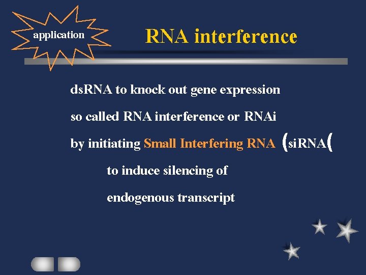 application RNA interference ds. RNA to knock out gene expression so called RNA interference