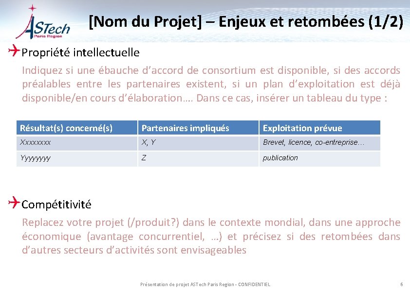 [Nom du Projet] – Enjeux et retombées (1/2) QPropriété intellectuelle Indiquez si une ébauche