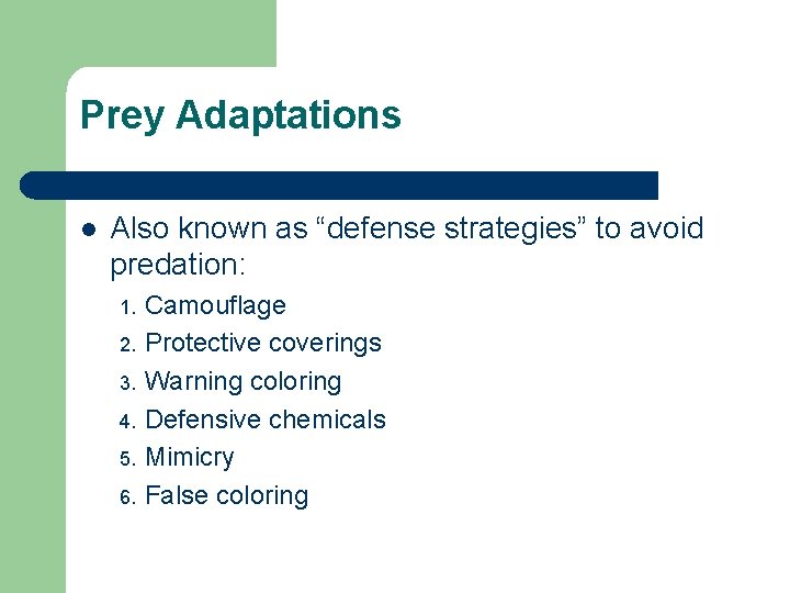 Prey Adaptations l Also known as “defense strategies” to avoid predation: Camouflage 2. Protective