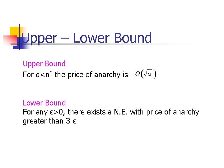 Upper – Lower Bound Upper Bound For α<n 2 the price of anarchy is
