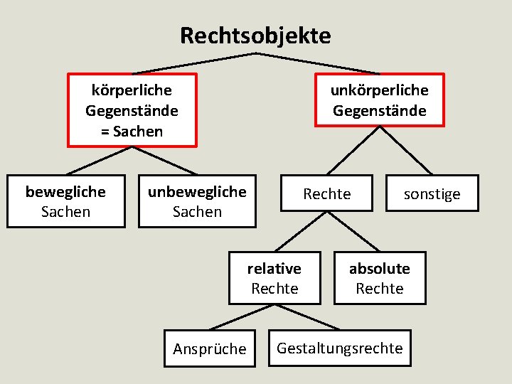 Rechtsobjekte körperliche Gegenstände = Sachen bewegliche Sachen unkörperliche Gegenstände unbewegliche Sachen Rechte relative Rechte